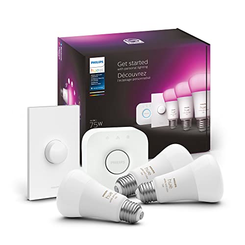 Philips Hue White and Color LED Smart Button Starter Kit, 3 Medium Lumen A19 Smart Bulbs, 1 Smart Button & 1 Hue Hub (Compatible with Alexa, Apple HomeKit & Google Assistant) (563338)