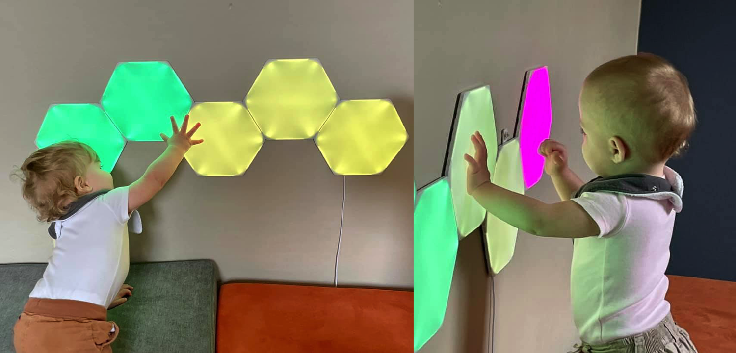 Kids playing with Nanoleaf Shapes Hexagons LED lighting