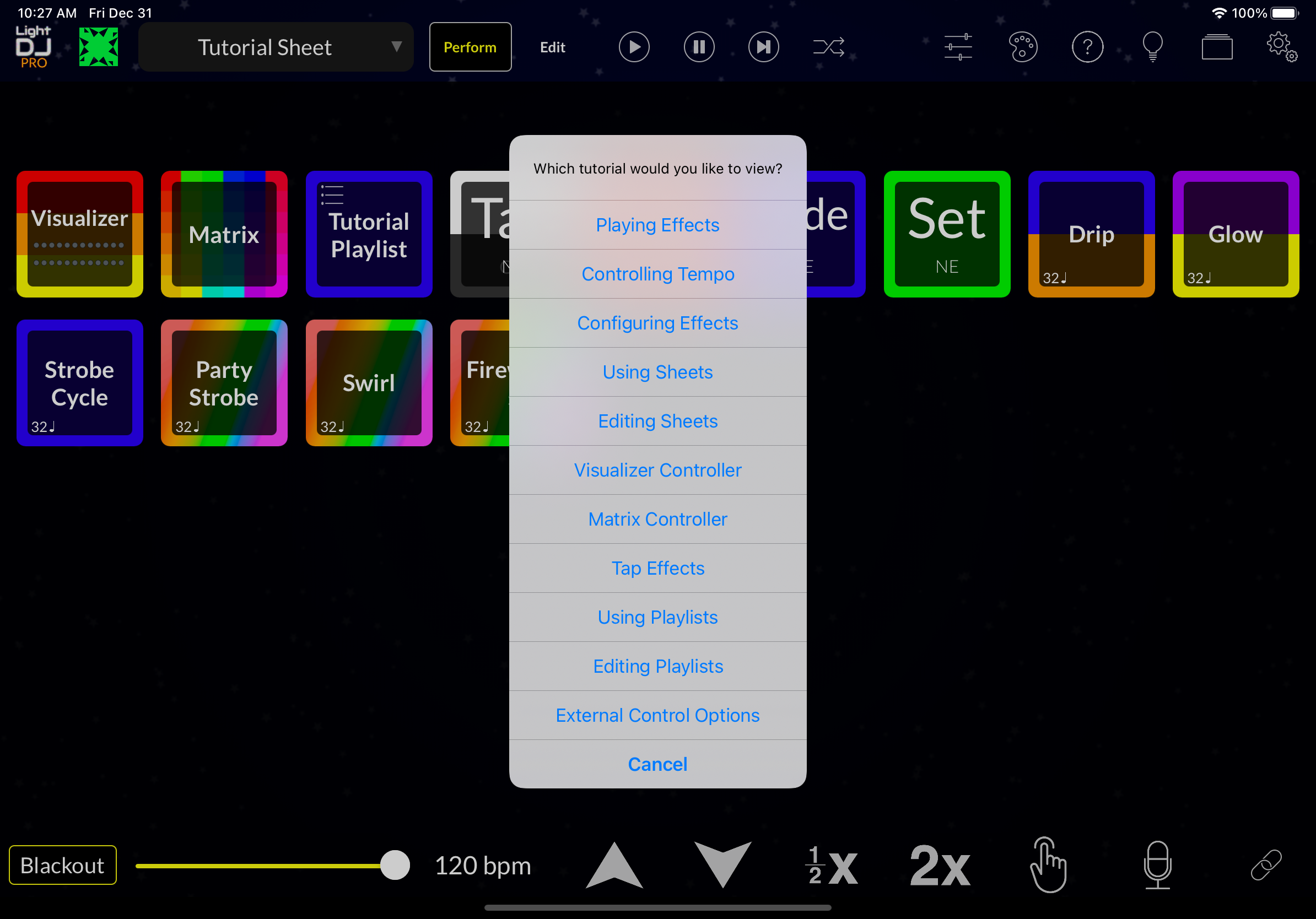 Screenshot of tutorials available on the iPad app.