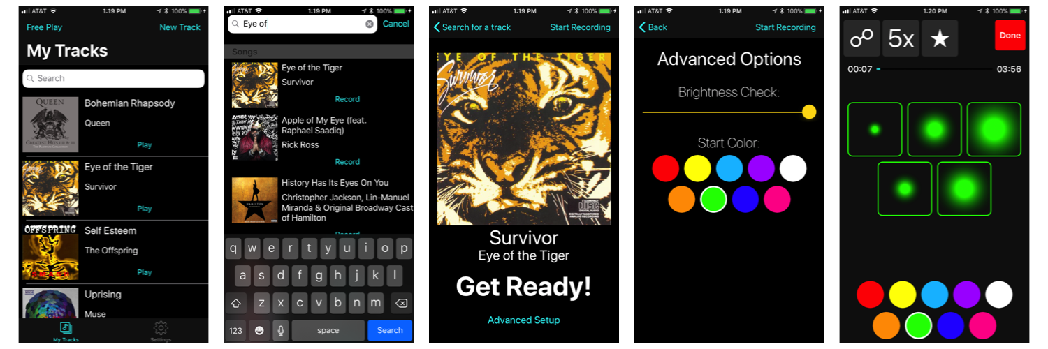 Light DJ Studio makes it easy to record light shows. Just select a track and start playing.